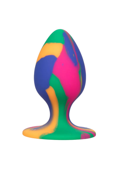 Medium tie-dye anale plug frontaanzicht, afgeronde top en basis met multicolor patroon