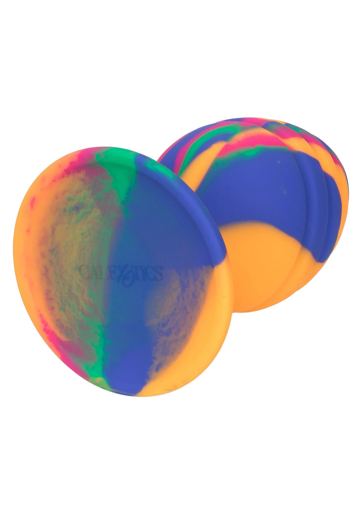 Grote swirl-seksplug met ronde zuignapbasis, blauw en oranje swirl