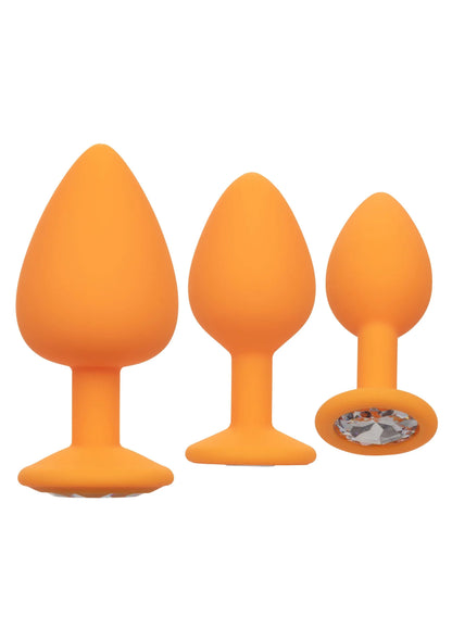 Oranje anale plugs set van 3 met brede voet en glinsterende steen