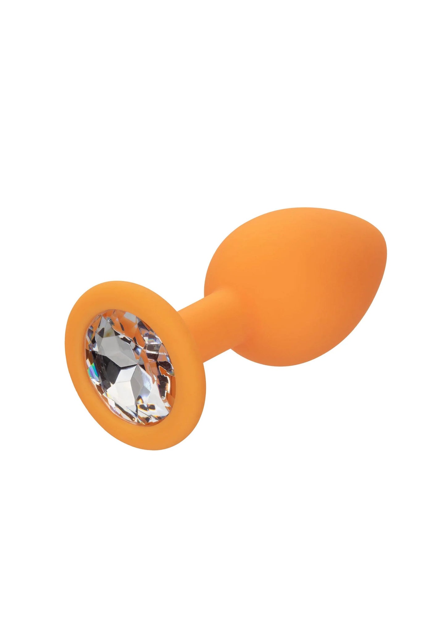 Oranje anale plug met ronde kristal-inzet en brede flens, 3-delige set-look.