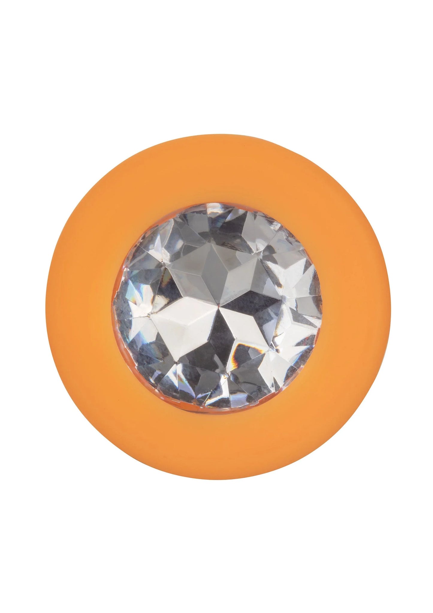 Oranje anale plug met ronde kristal-inzet en gladde siliconen afwerking.