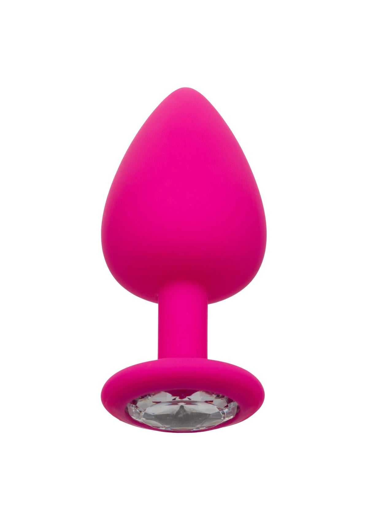 Roze anale plug met kristal-inzet op ronde basis en taps toelopende steel.