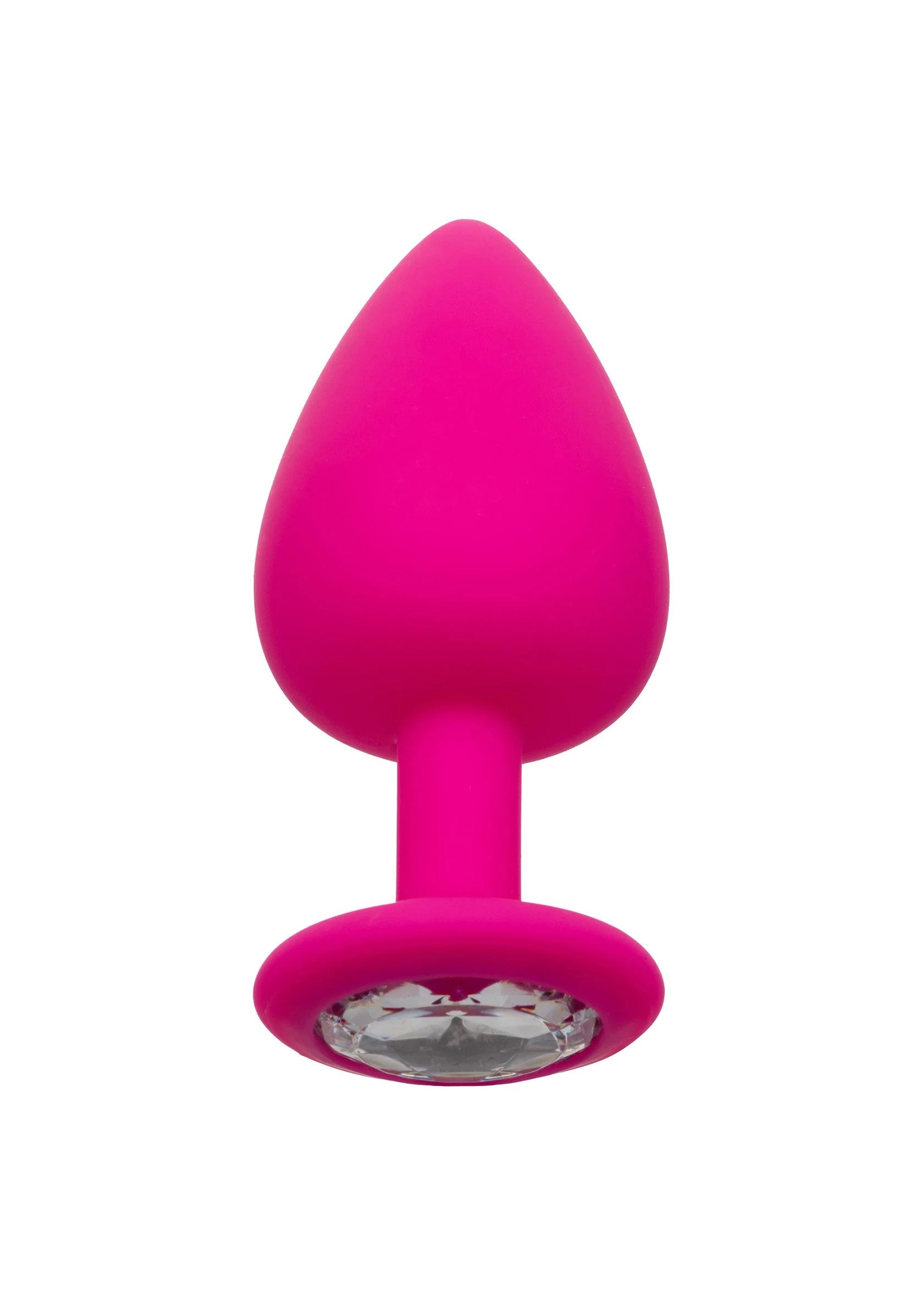 Roze anale plug met kristal-inzet op ronde basis en taps toelopende steel.