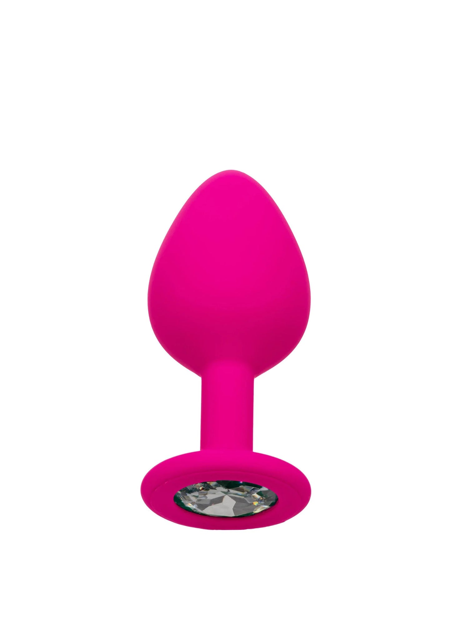 Roze anale plug met ronde flens en glinsterende kristal-inzet op de basis.