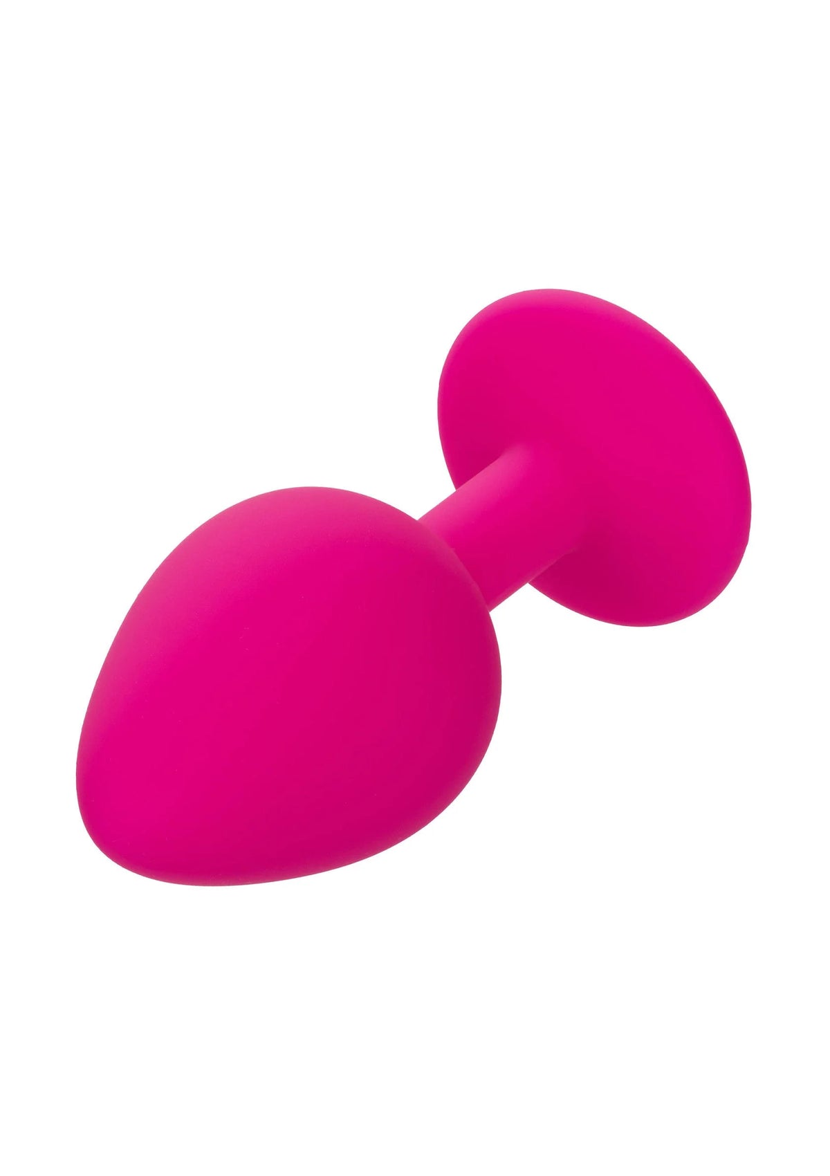 Roze siliconen anale plug met twee ovale/ronde uiteinden, zijaanzicht, glad materiaal.