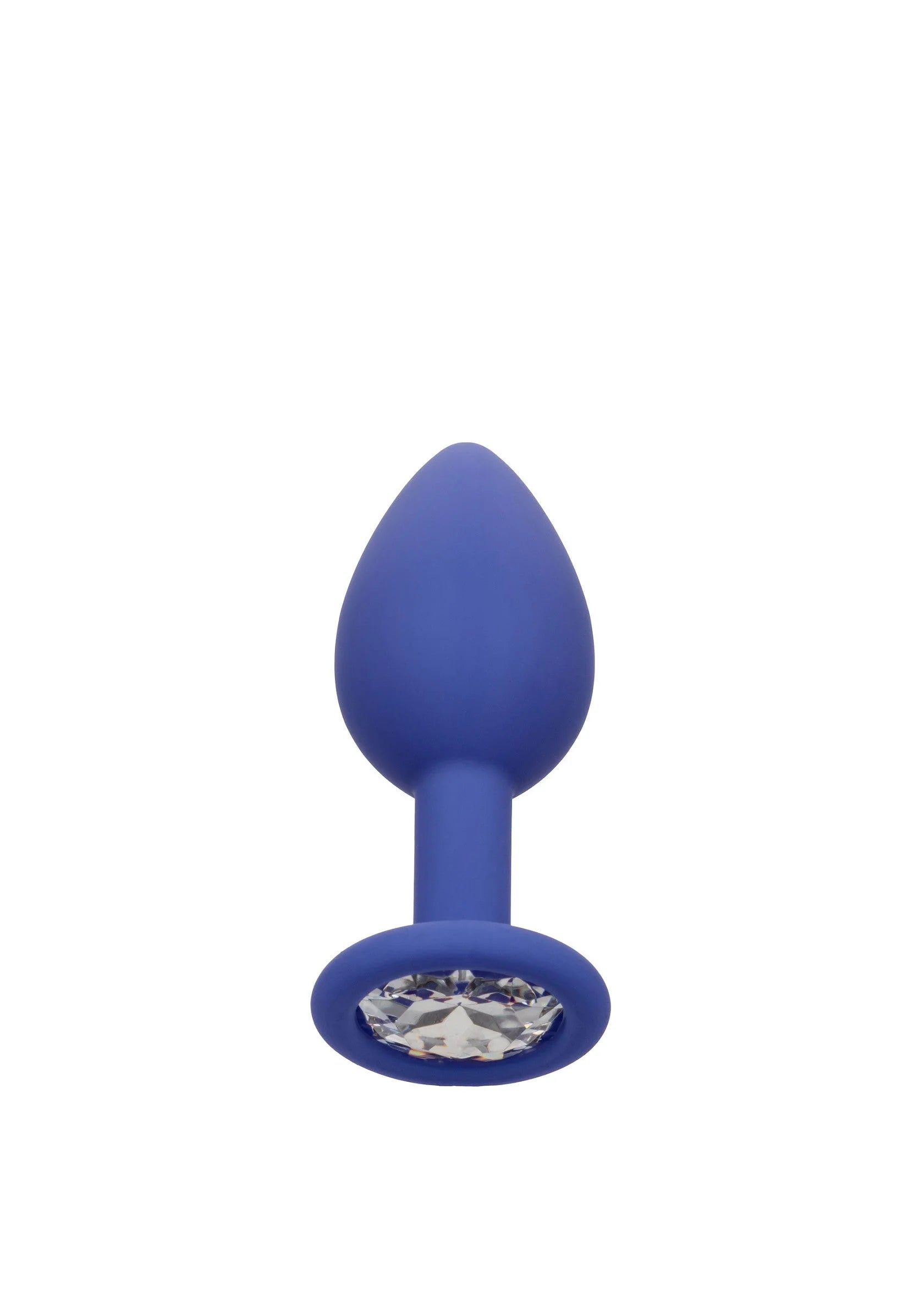 Silikonen anaalplug in donkerblauw met ronde facetsteen op brede schijfvoet