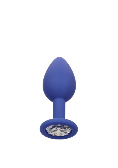 Silikonen anaalplug in donkerblauw met ronde facetsteen op brede schijfvoet