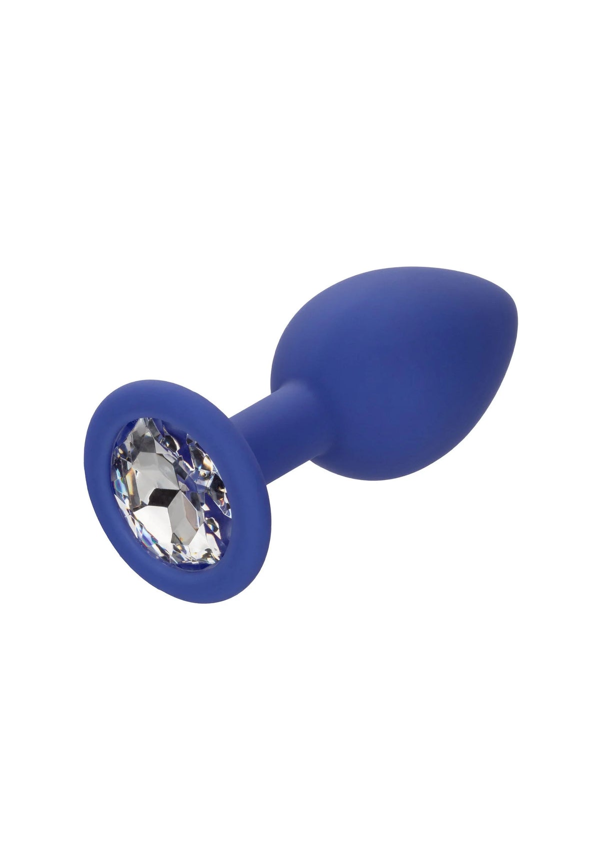 Silikonen anaalplug in donkerblauw met ronde facetsteen aan de brede voet
