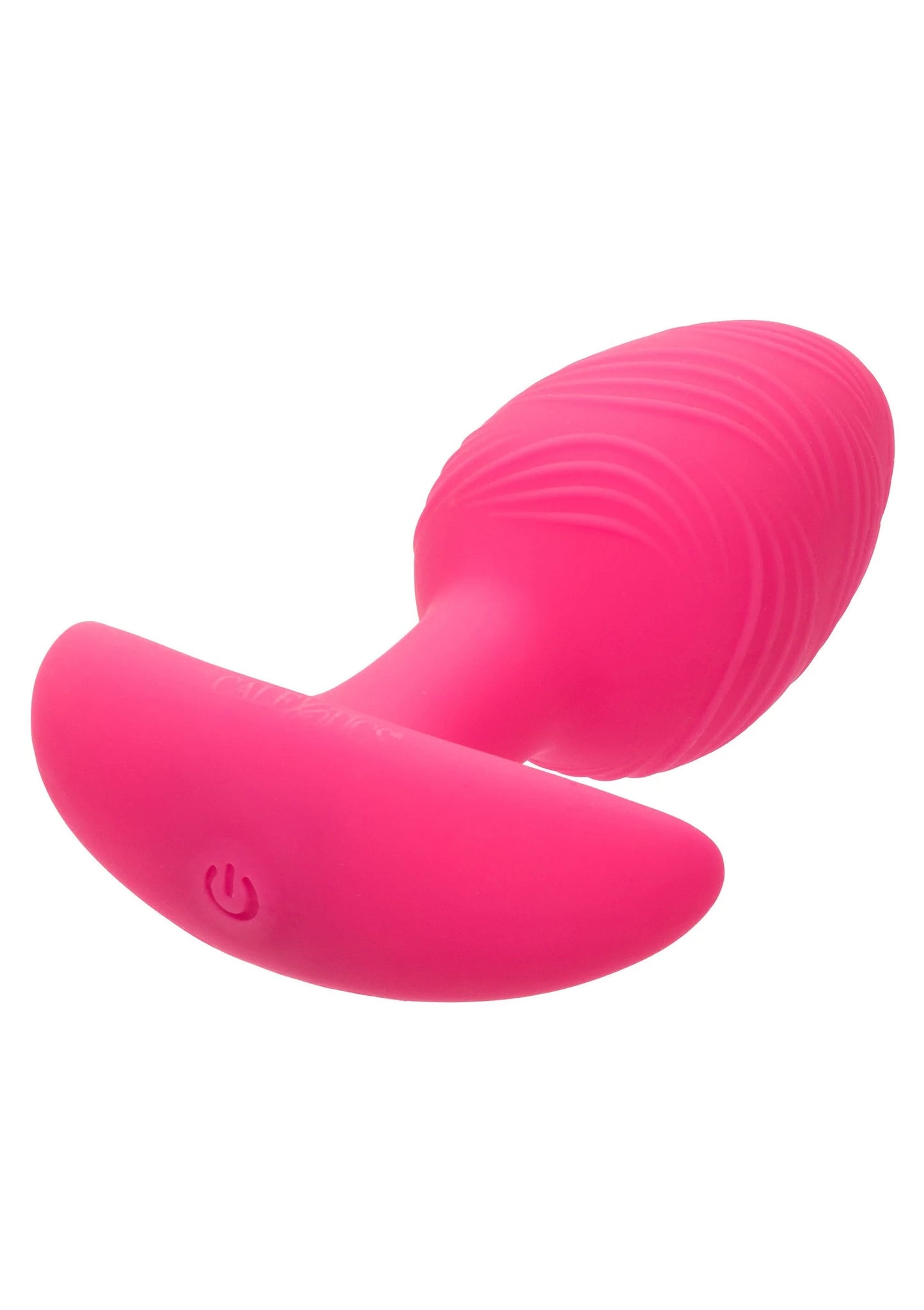Roze vibrerende plug S zijaanzicht met gladde basis en kleine bedieningsknop
