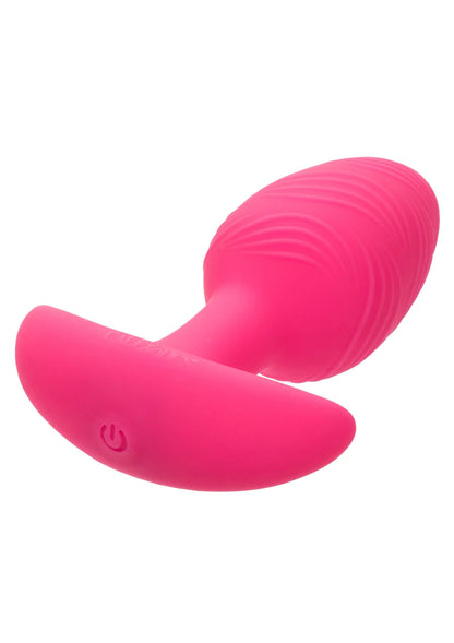 Roze vibrerende plug S zijaanzicht met gladde basis en kleine bedieningsknop