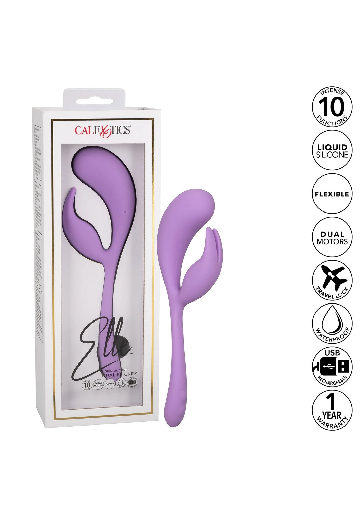 Paars dual-motor vibrator van vloeibaar siliconen met CALEXOTICS verpakking en keurmerken