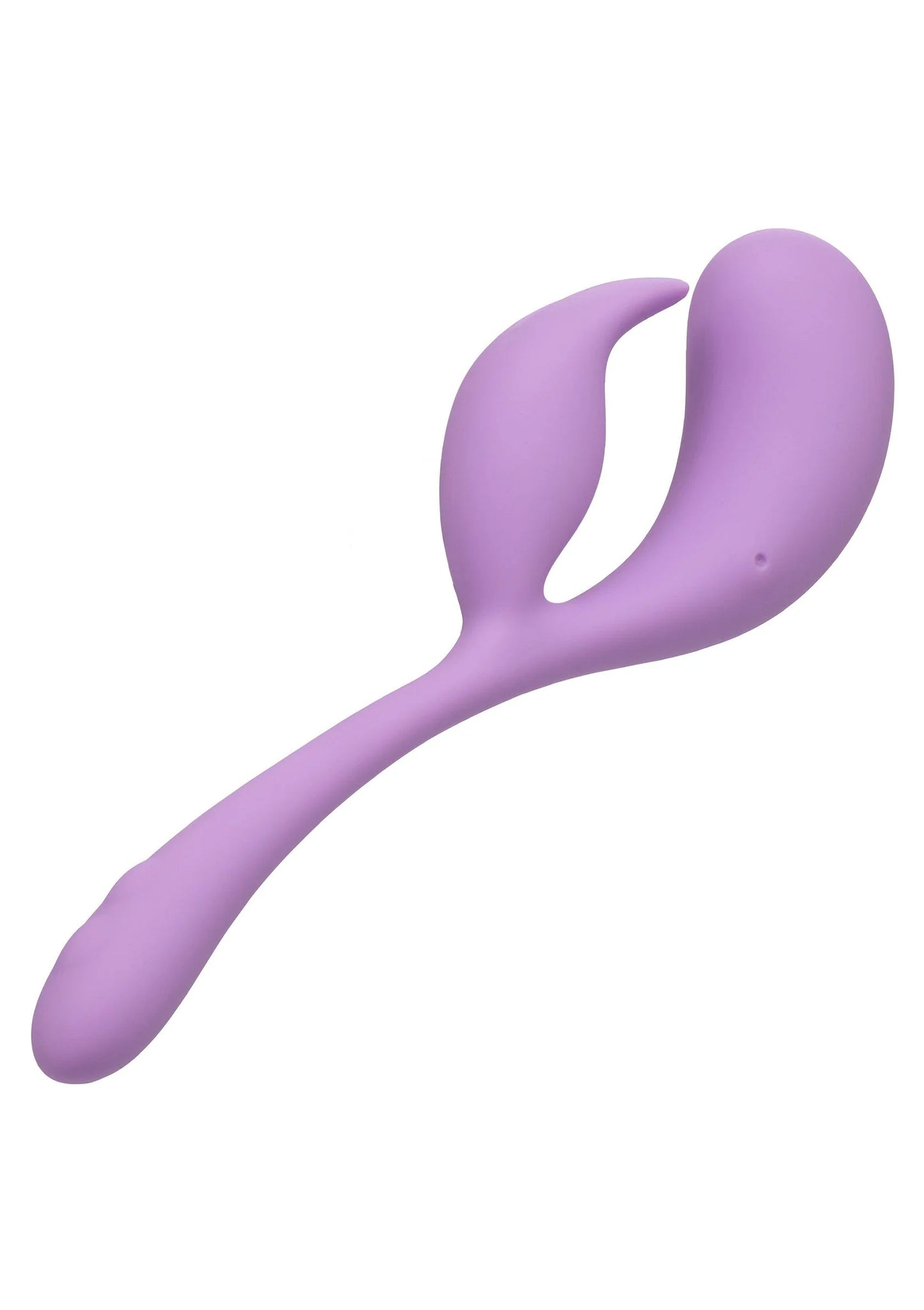 Paars siliconen vibrator met twee koppen en uitsparing, gebogen handgreep