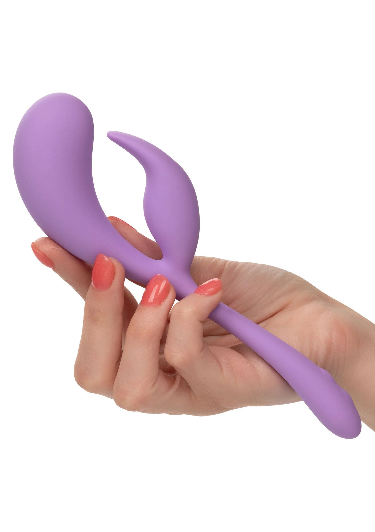 Paars dual-motor vibrator van vloeibaar siliconen vastgehouden in een hand