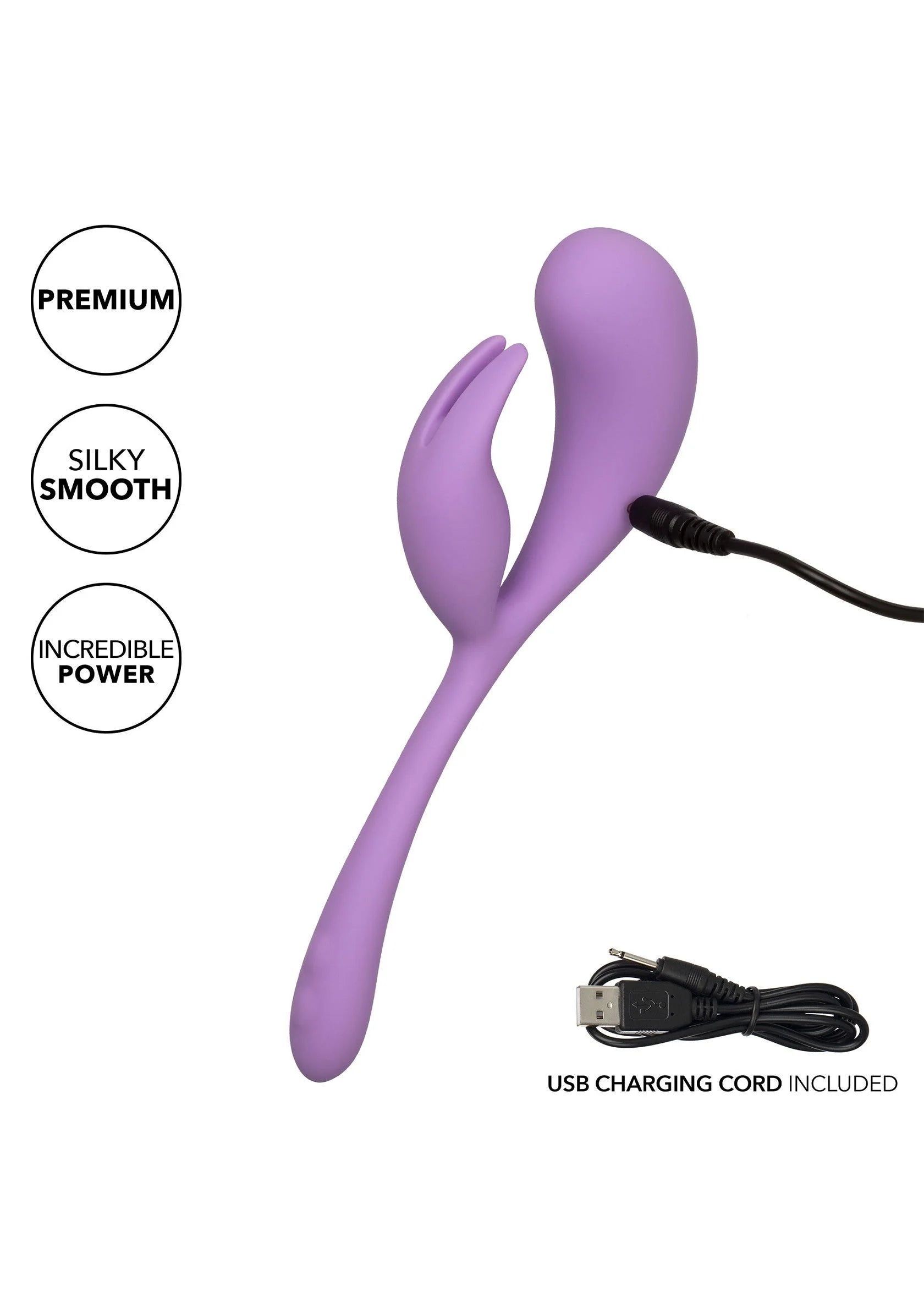 Paars dual-motor vibrator van vloeibaar siliconen met USB-oplaadkabel