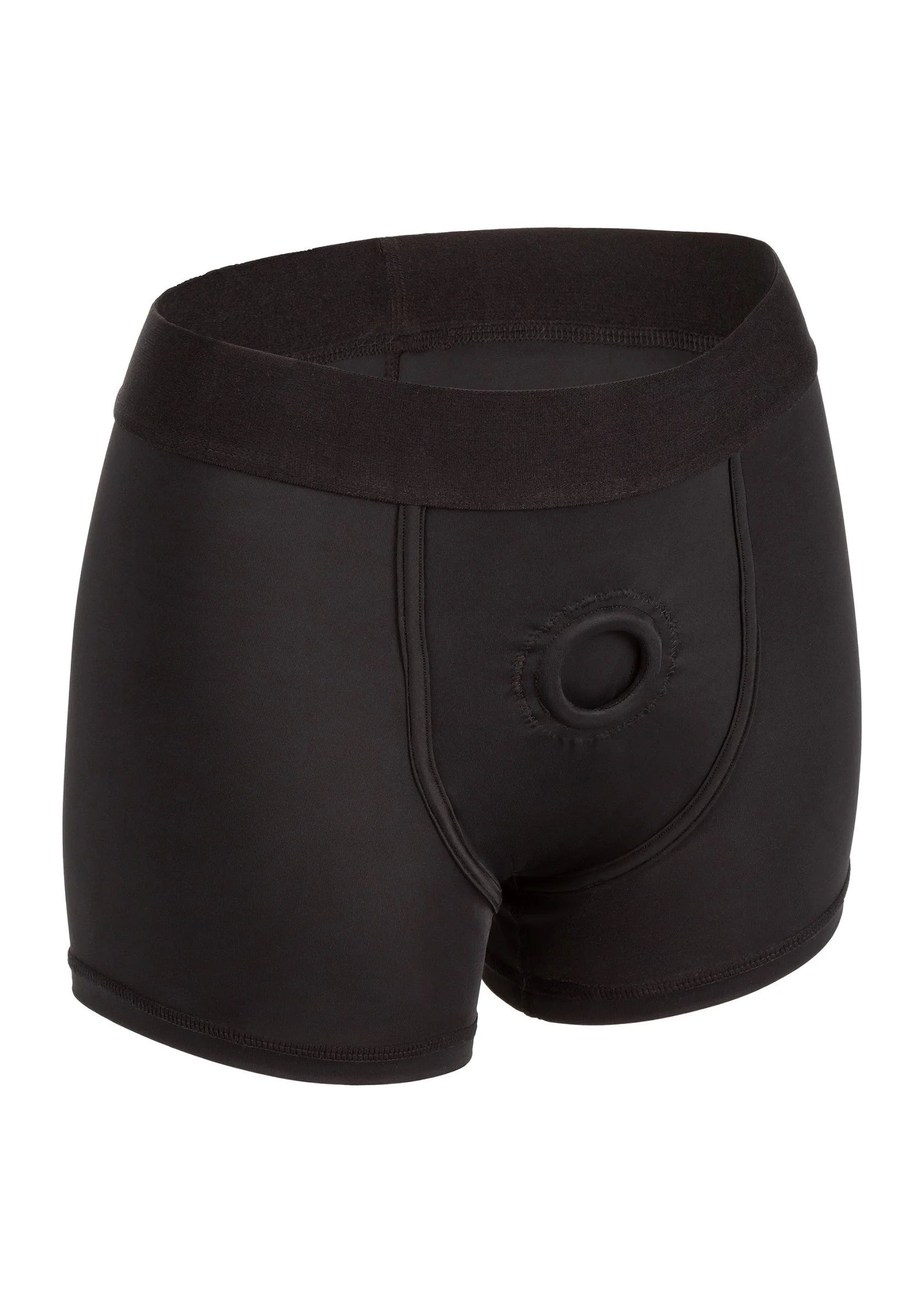 Zwarte boxer slip voor strap-on met tailleband en ronde opening vooraan