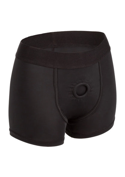 Zwarte boxer slip voor strap-on met tailleband en ronde opening vooraan