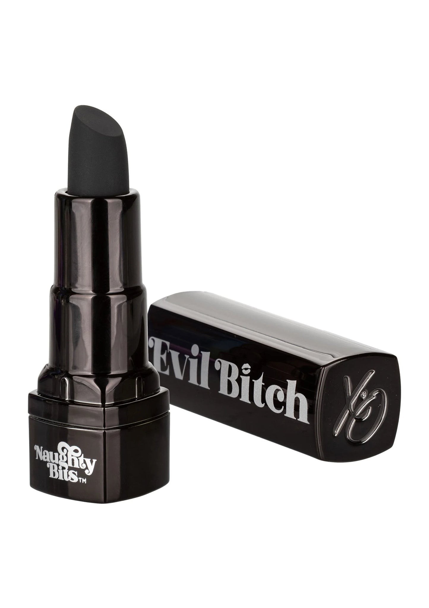 Lipstickvibrator met dop en behuizing: zwart met 'Evil Bitch' en zijdelingse knop.