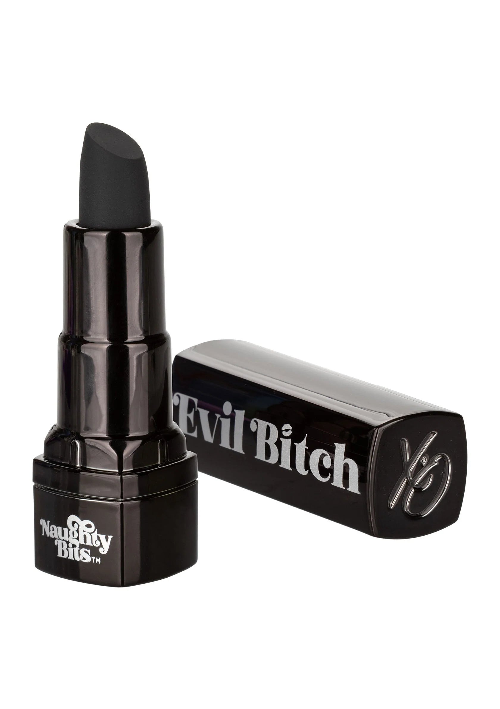 Lipstickvibrator met dop en behuizing: zwart met 'Evil Bitch' en zijdelingse knop.