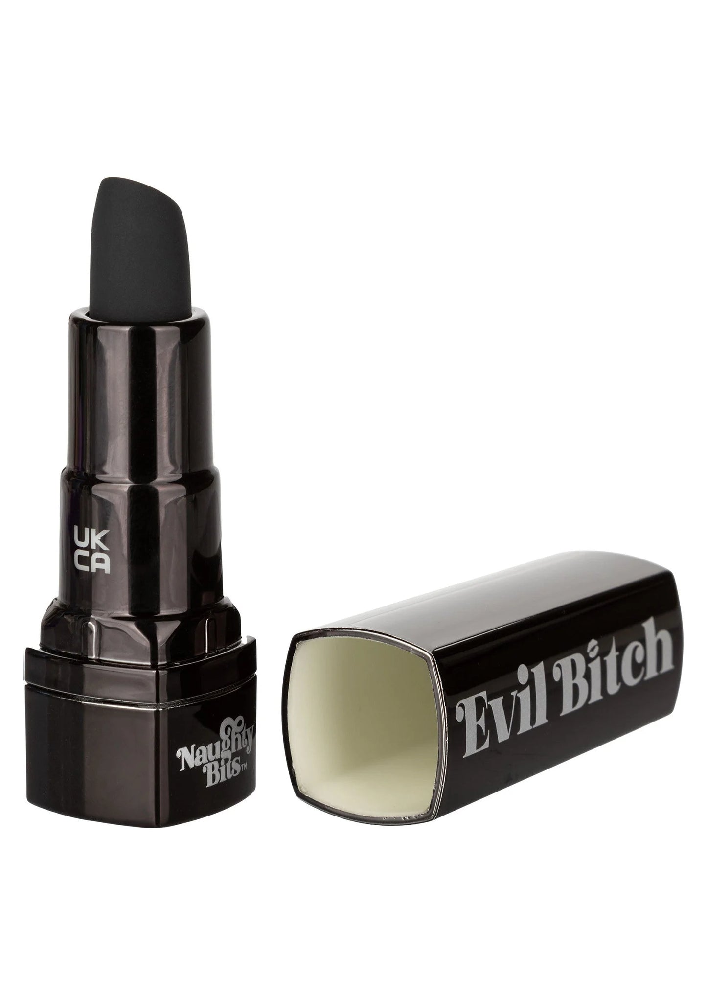 Lipstickvormige vibrator met zwarte behuizing en label “Evil Bitch”