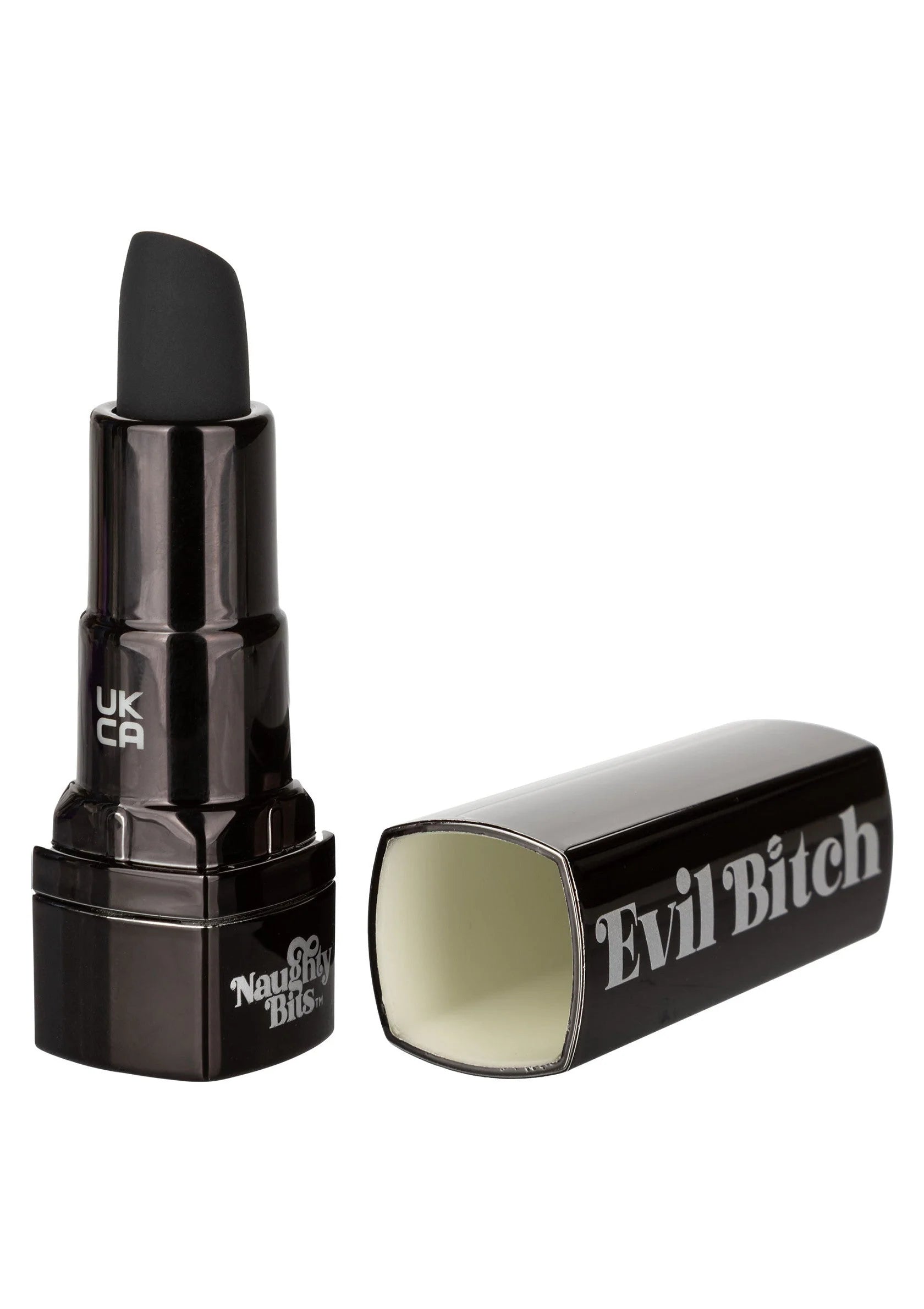 Lipstickvormige vibrator met zwarte behuizing en label “Evil Bitch”