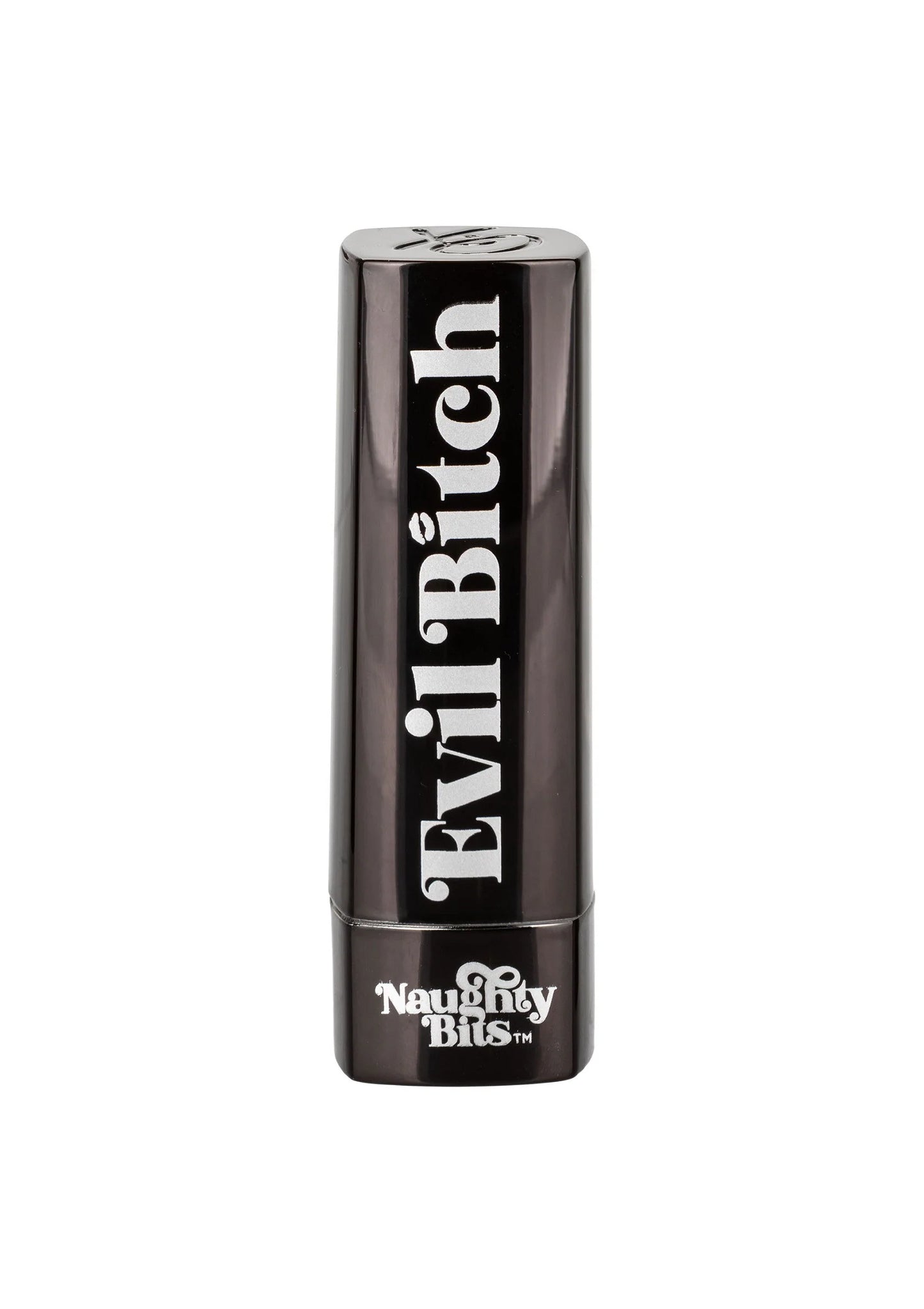 Zwarte lipstickvormige vibrator met glanzende behuizing en 'Evil Bitch' opschrift.