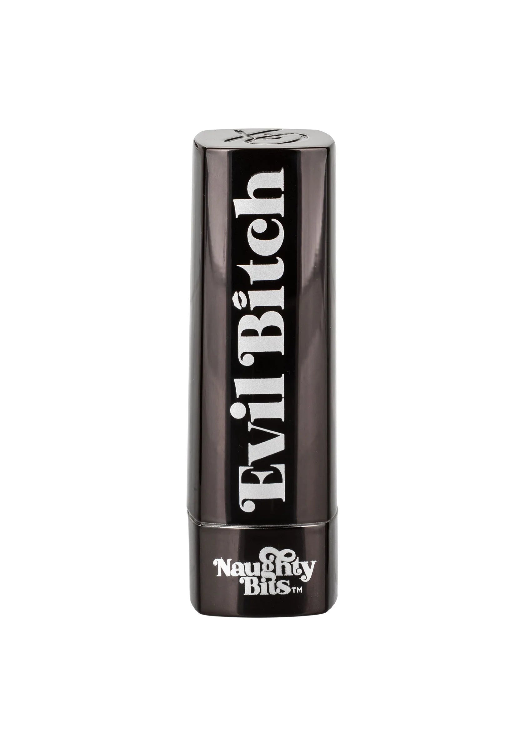 Zwarte lipstickvormige vibrator met glanzende behuizing en 'Evil Bitch' opschrift.