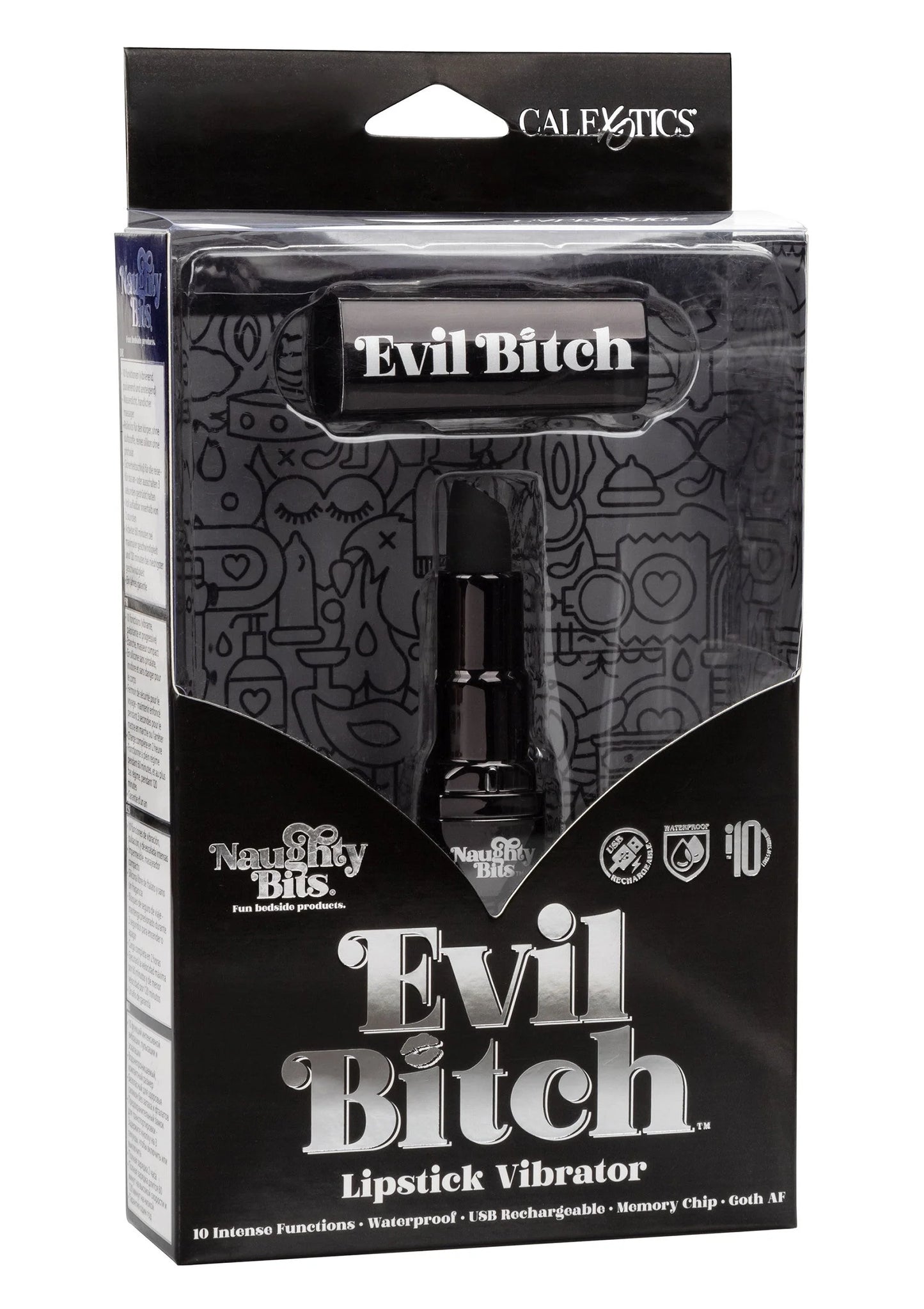 Doosverpakking met zwarte 'Evil Bitch' lipstickvormige vibrator en CalExotics logo.
