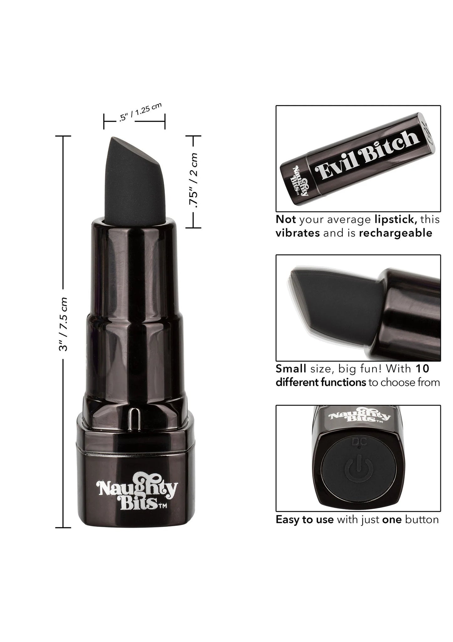 Lipstickvormige vibrator getoond met afmetingen; zwarte behuizing en puntige dop.