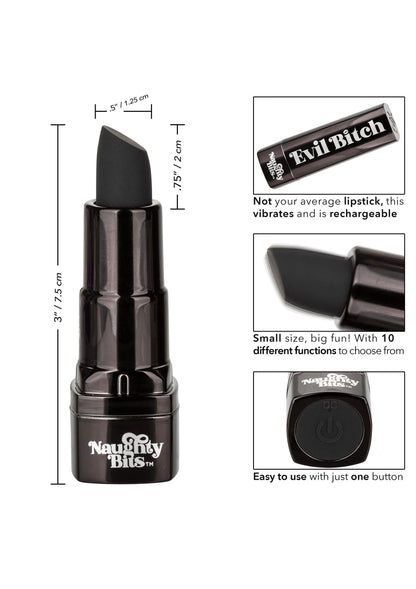 Lipstickvormige vibrator getoond met afmetingen; zwarte behuizing en puntige dop.