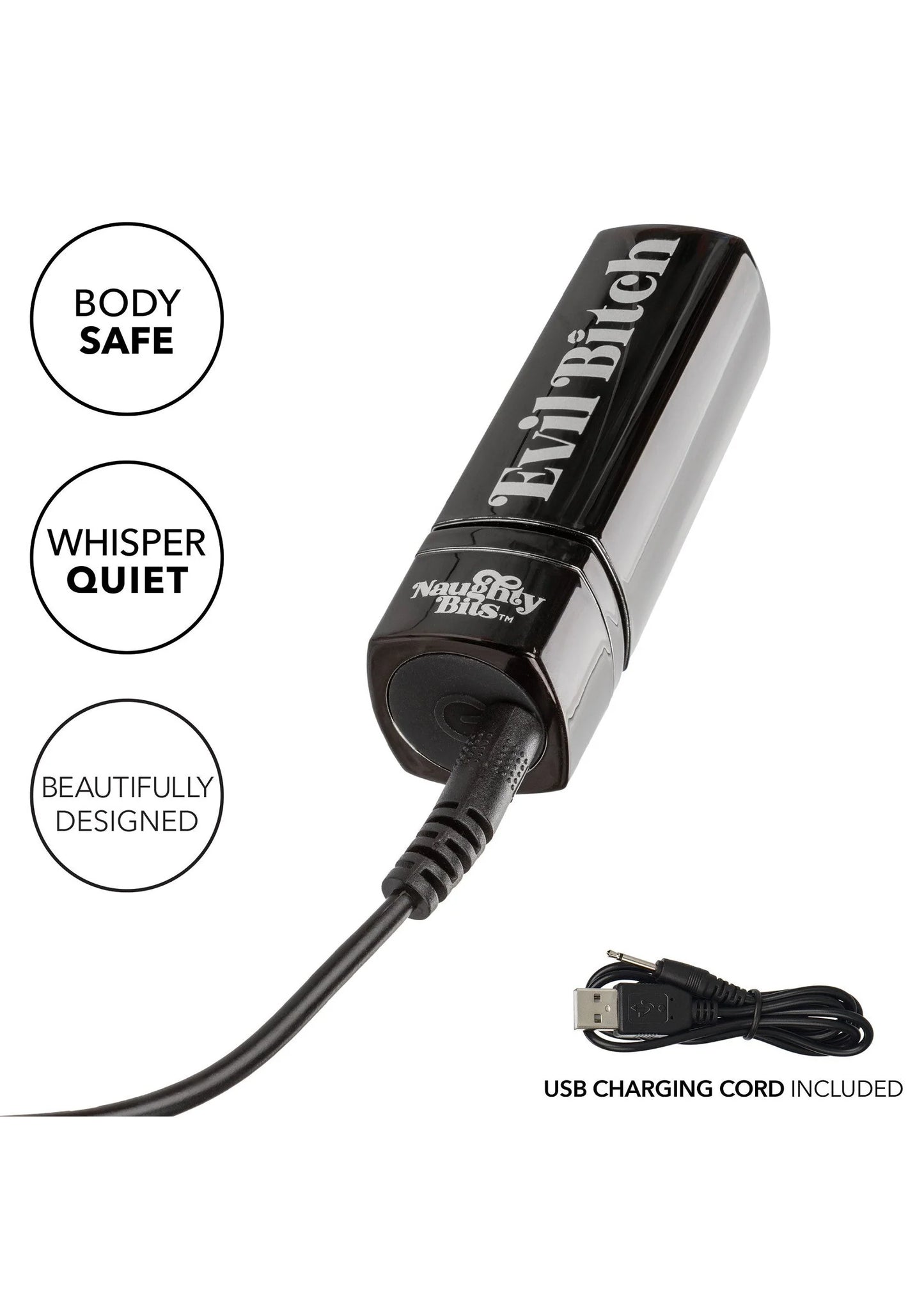 Lipstickvormige vibrator met zwart snoer en USB-oplaadkabel; opdruk op de behuizing.