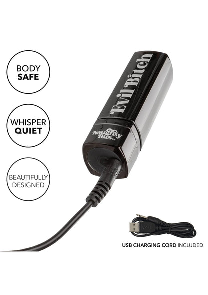 Lipstickvormige vibrator met zwart snoer en USB-oplaadkabel; opdruk op de behuizing.