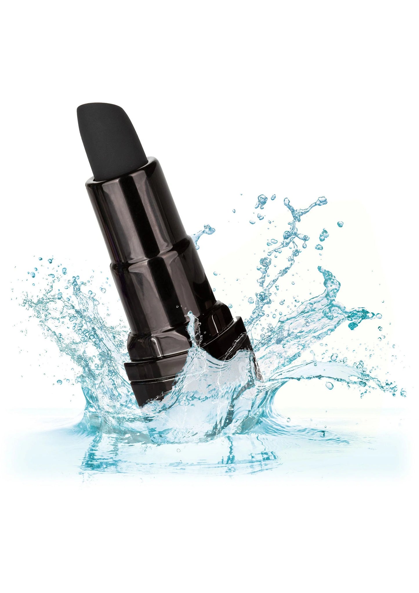 Zwarte lipstickvormige vibrator met opzetstuk, met water op de basis