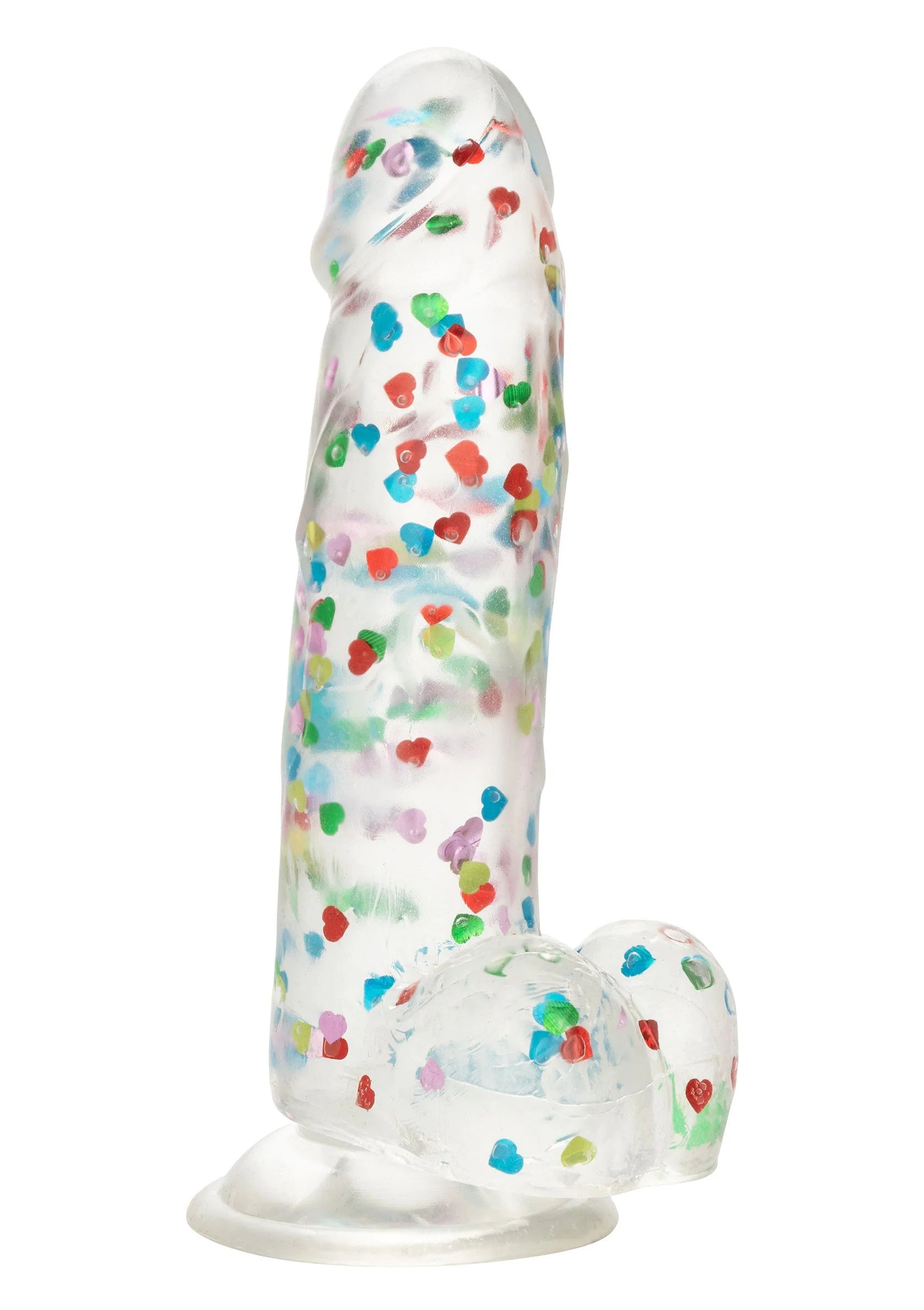 Transparante dildo met gekleurde hartjesprint en ronde voet; zijdelings zicht