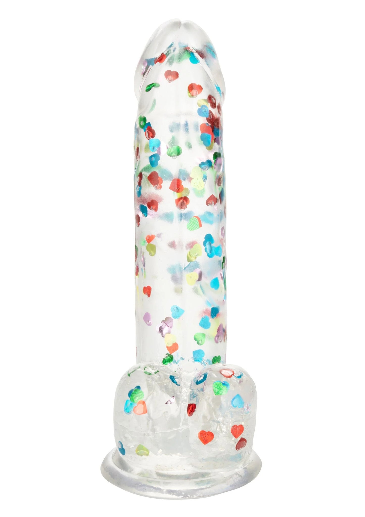 Hartgevulde dildo van CalExotics, transparant met kleurrijke hartjes, vooraanzicht