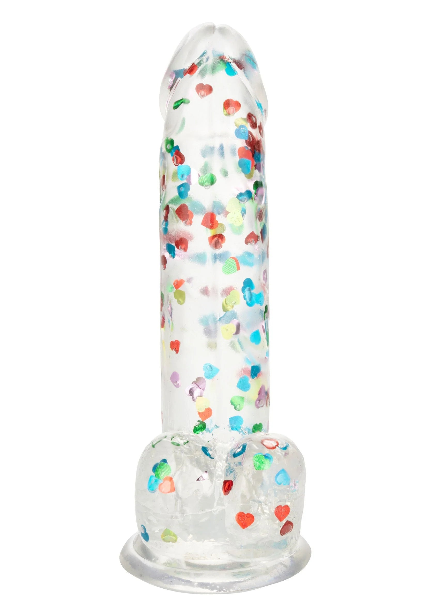 Hartgevulde dildo van CalExotics, transparant met kleurrijke hartjes, vooraanzicht