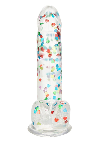Hartgevulde dildo van CalExotics, transparant met kleurrijke hartjes, vooraanzicht