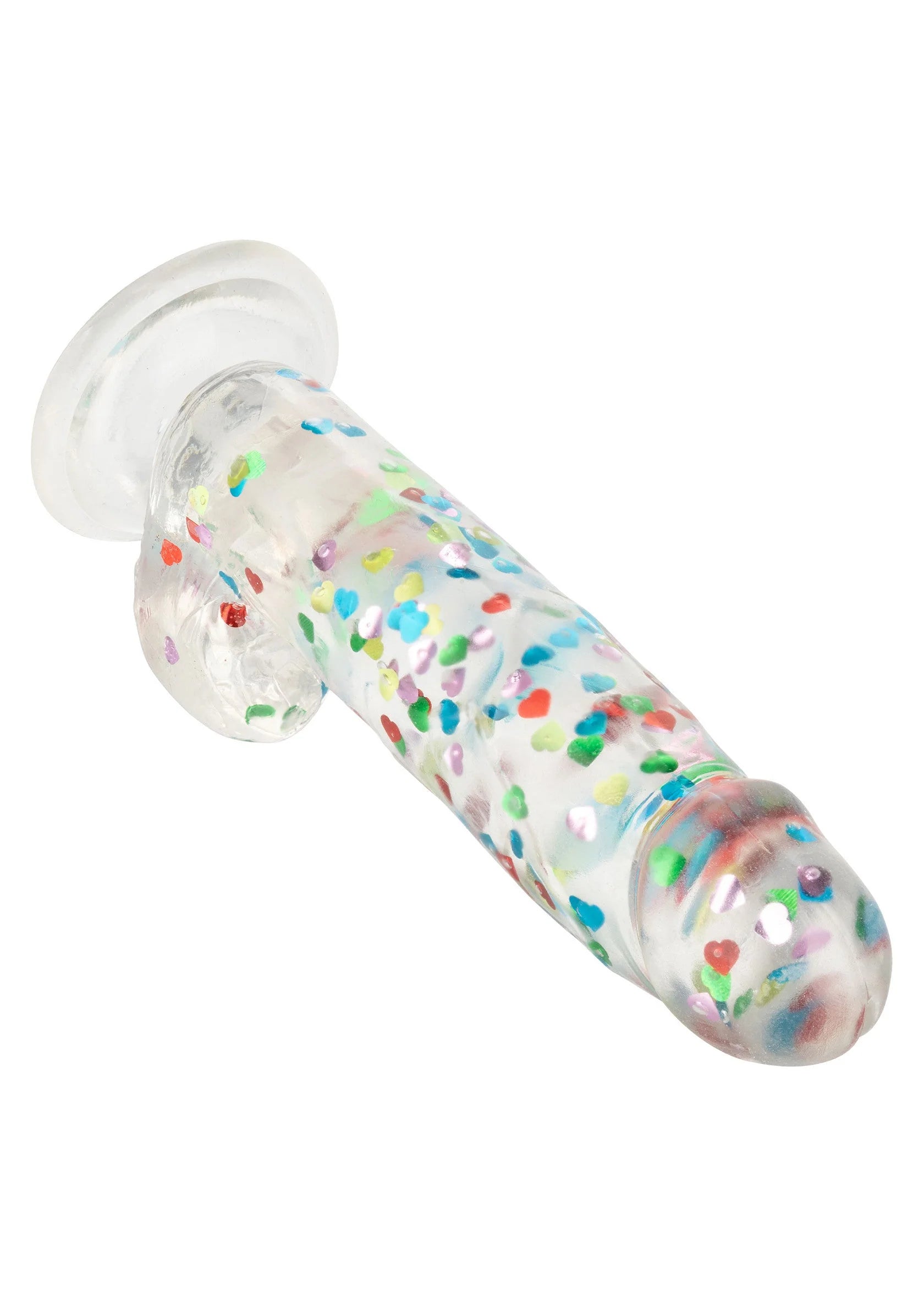 Hartgevulde dildo van CalExotics, transparant met hartjes, zuignap en zijkant