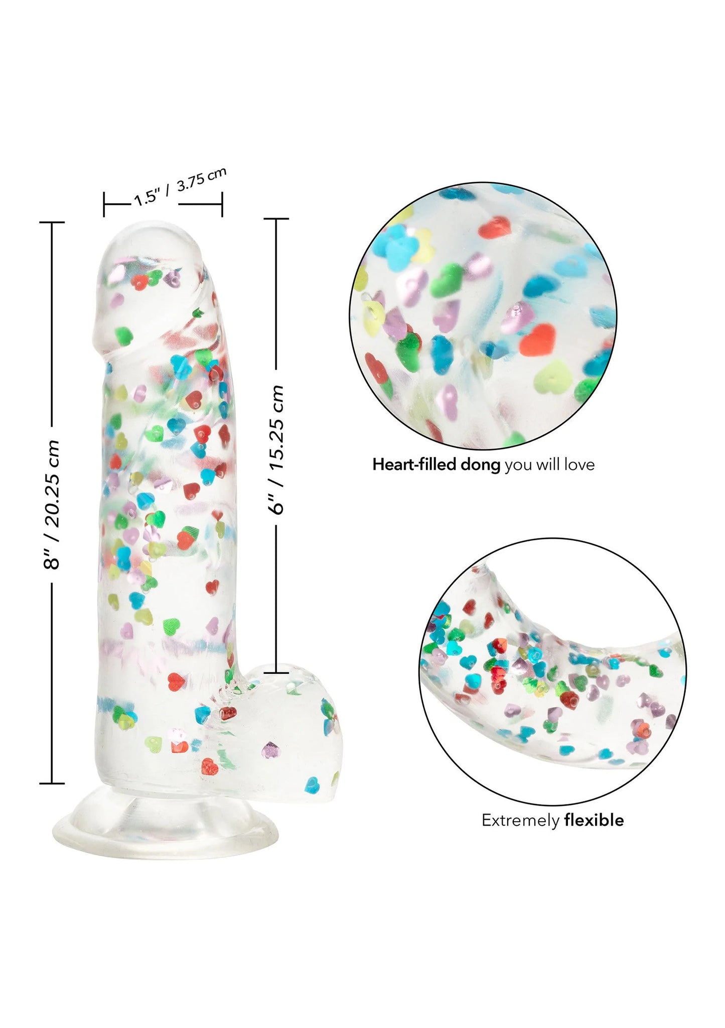 Hart-gevulde dildo met maatdetail, transparant met gekleurde hartjesprint en zuignapvoet