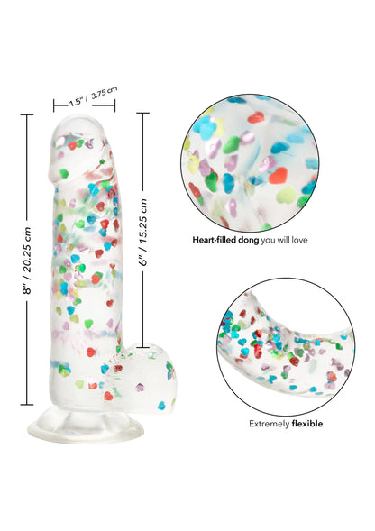 Hart-gevulde dildo met maatdetail, transparant met gekleurde hartjesprint en zuignapvoet