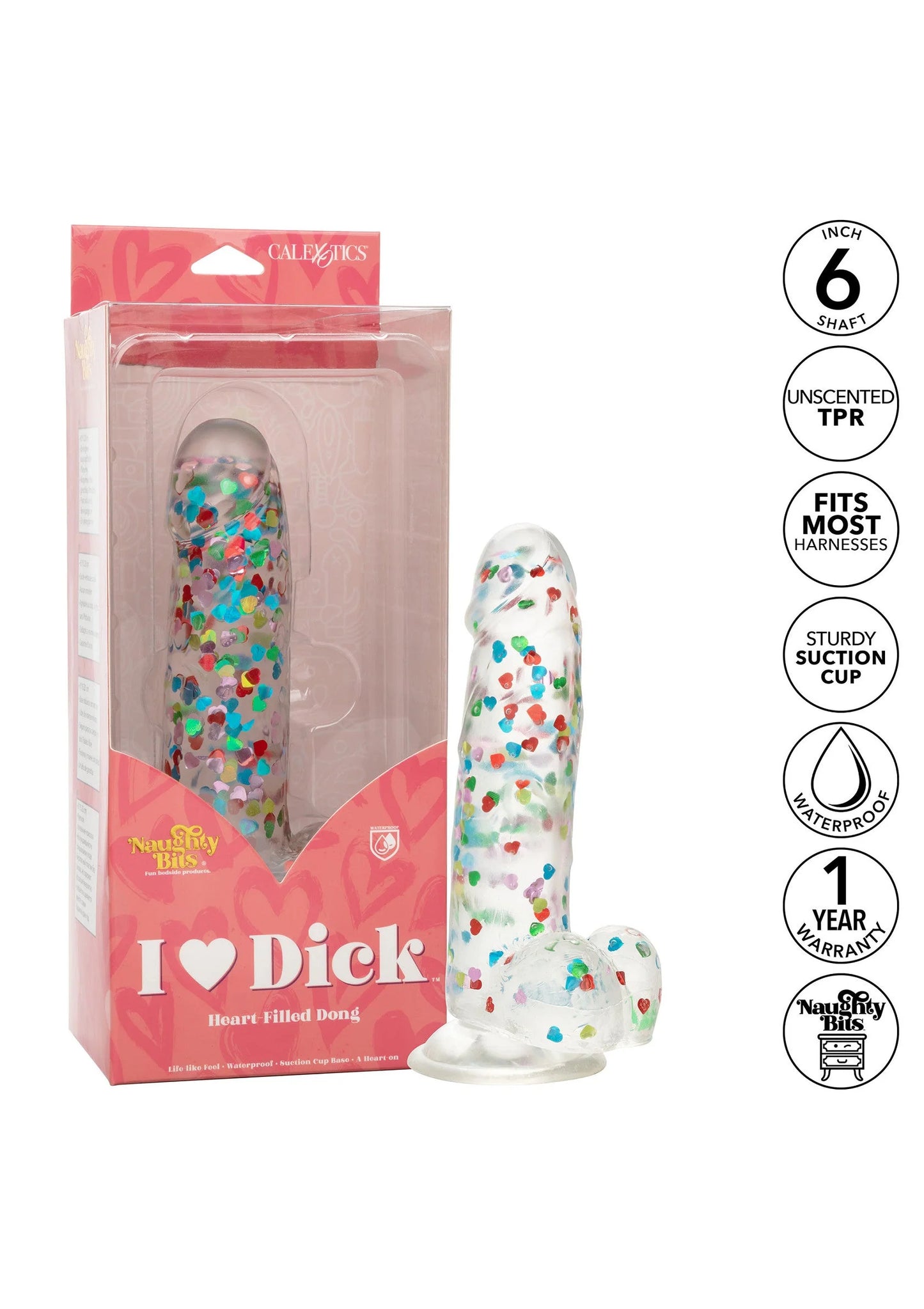 CalExotics verpakking met hart-gevulde dong en transparante dildo met hartjesprint