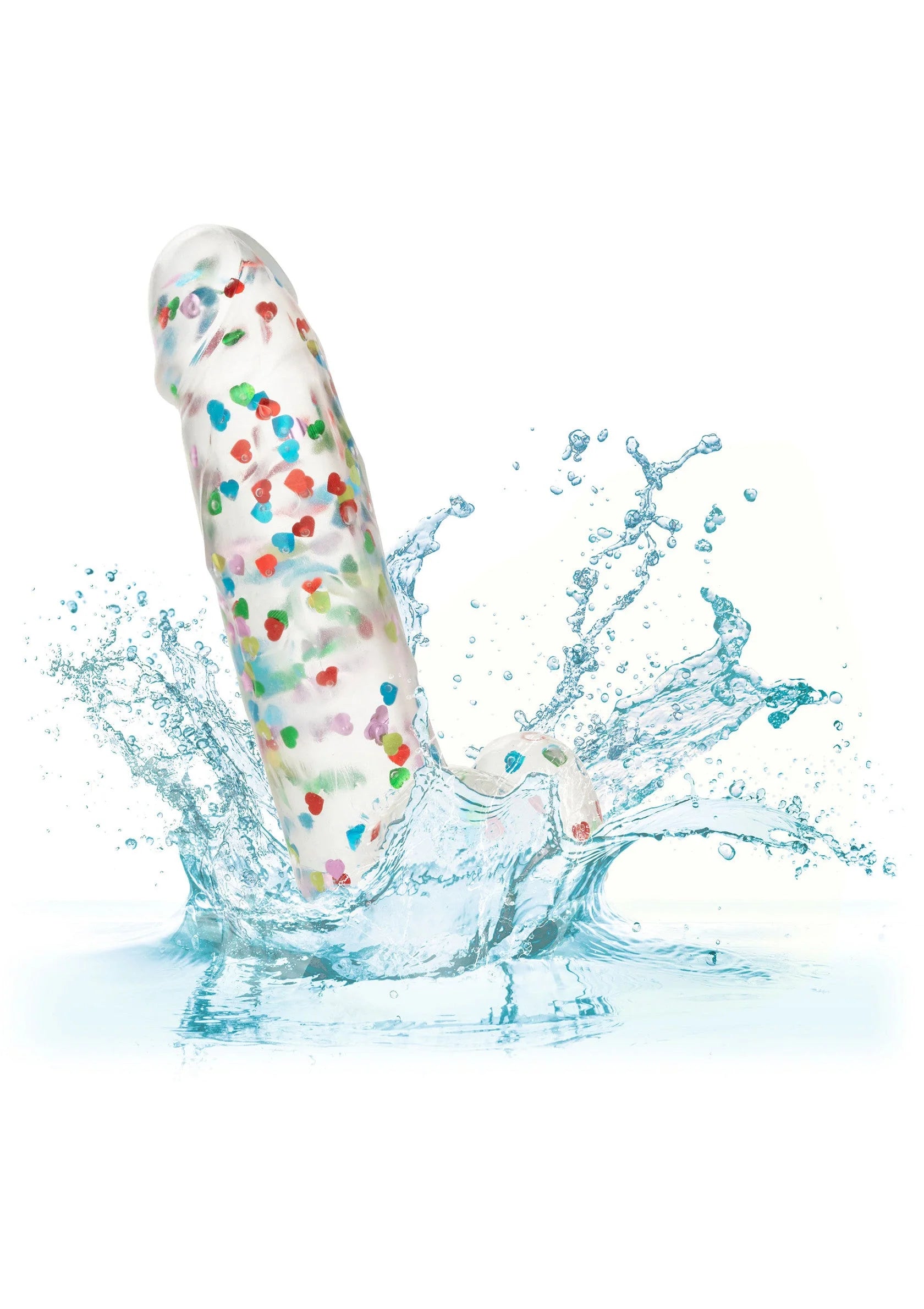 Nat ogende dildo met transparante schacht en gekleurde hartjes; water dat opspat