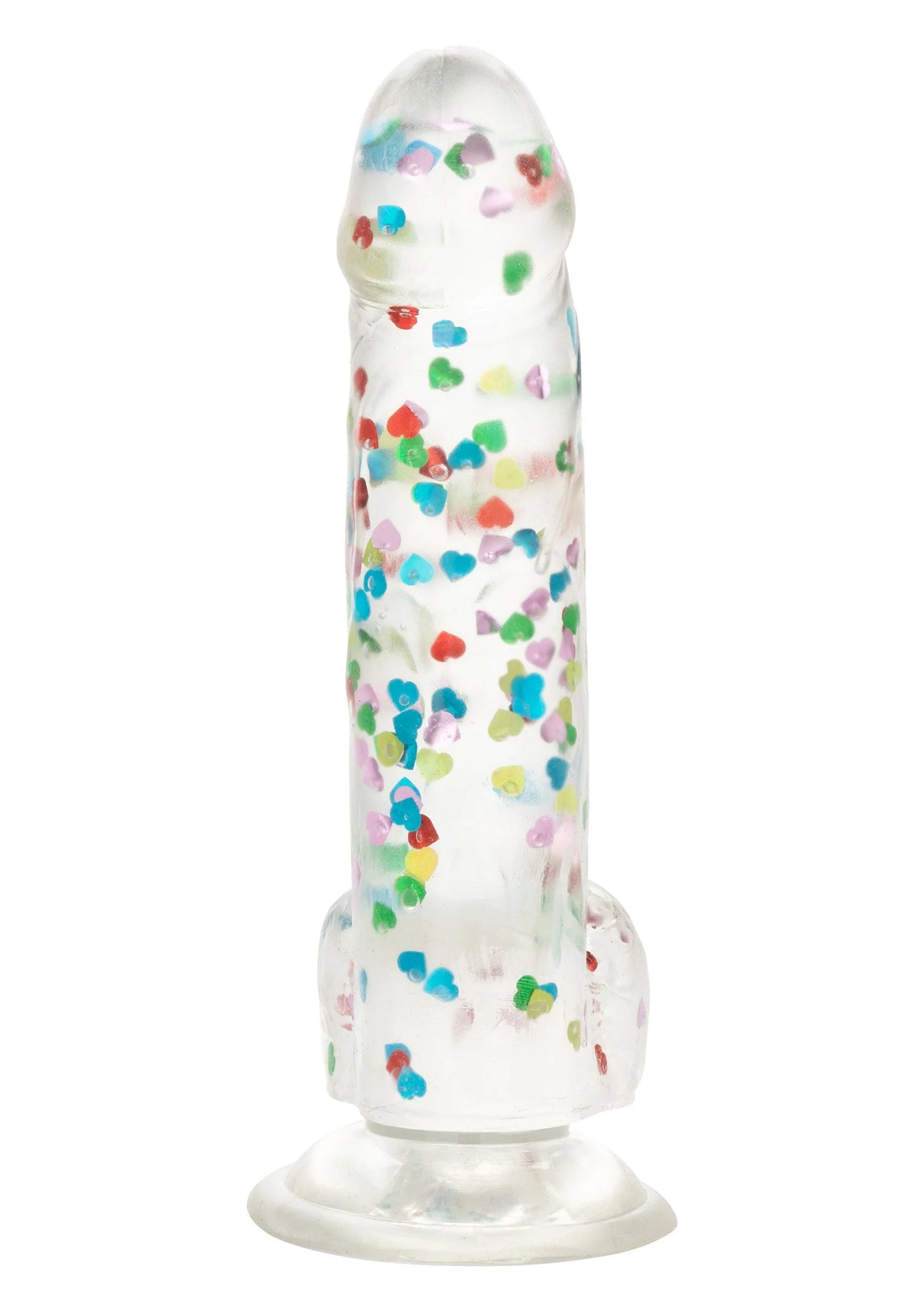 Rechtop staande hart-gevulde dildo met transparante schacht en gekleurde hartjes; ronde basis