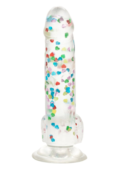 Rechtop staande hart-gevulde dildo met transparante schacht en gekleurde hartjes; ronde basis
