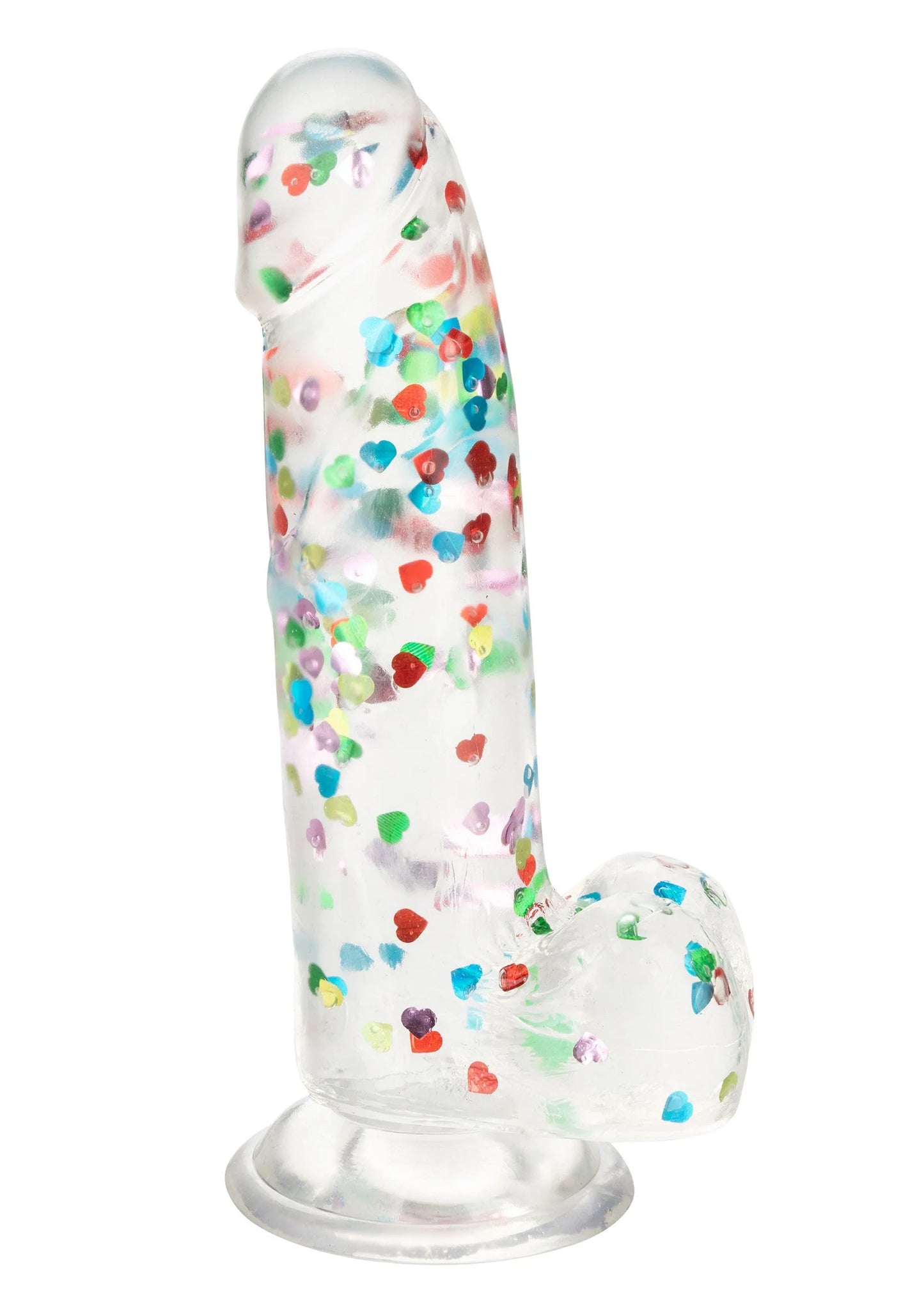 Hart-gevulde dildo met transparante schacht, kleurrijke hartjes en zuignapvoet; schuin beeld