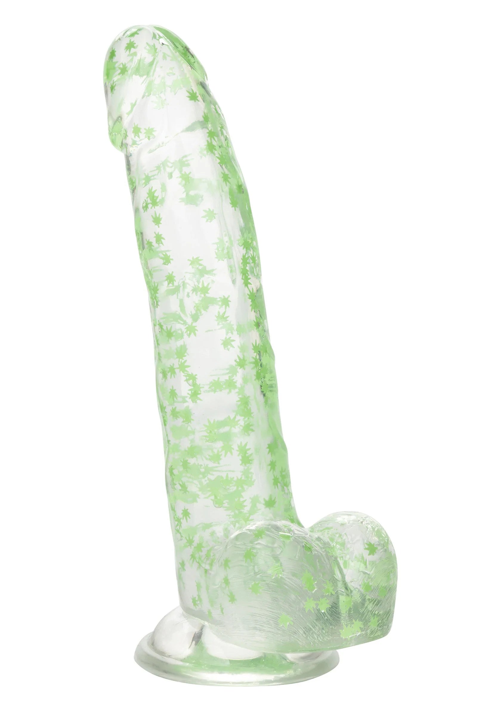 Groene glow-in-the-dark dildo met weed- of bladcirkels en gebogen voet