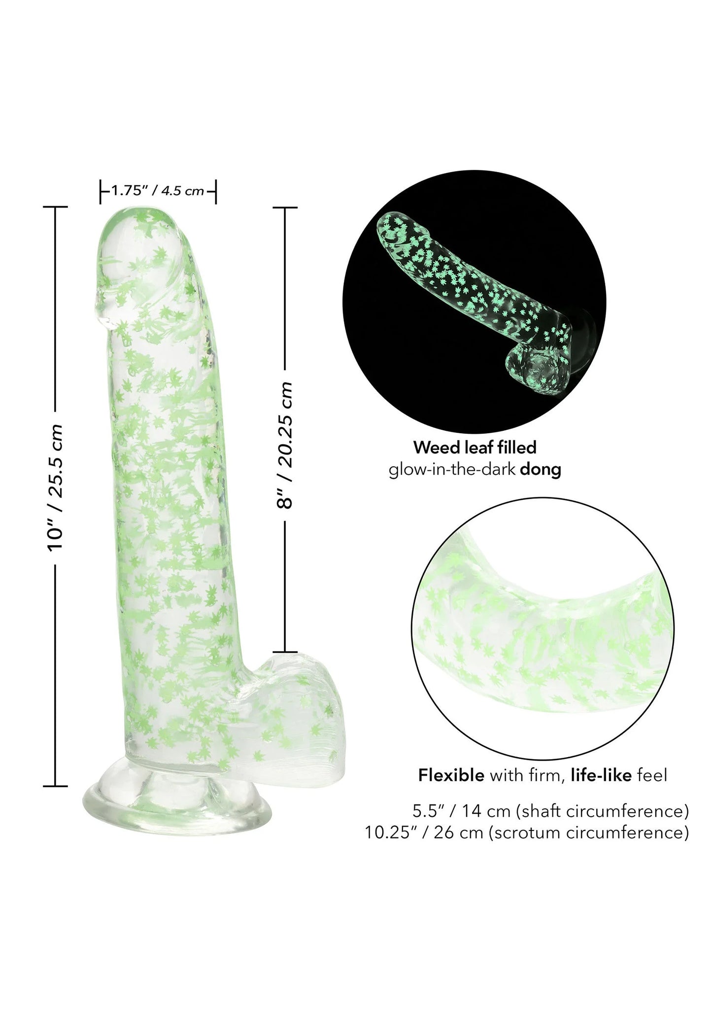 Dildo in schema met afmetingen en close-up van flexibele, doorschijnende steel