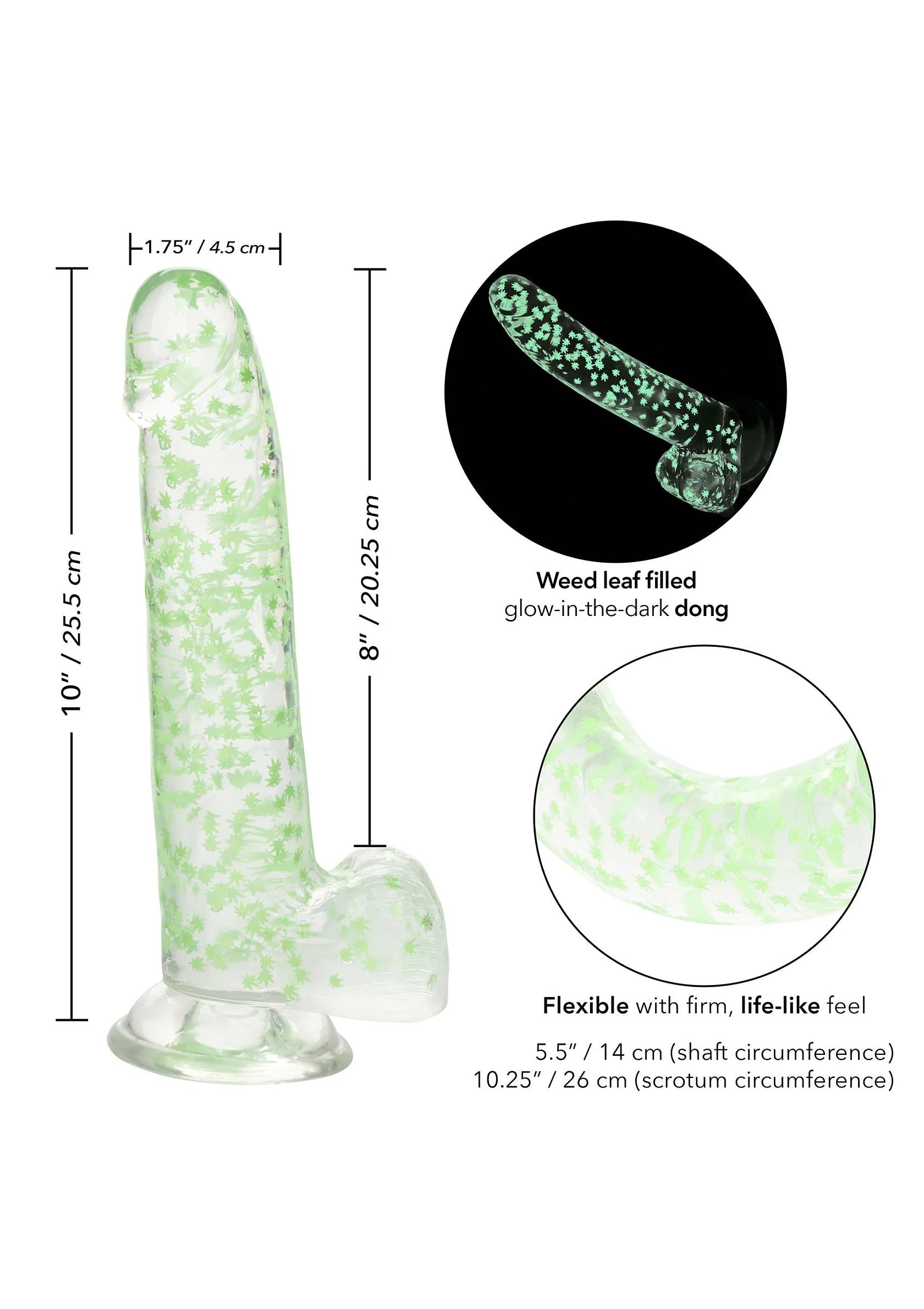 Dildo in schema met afmetingen en close-up van flexibele, doorschijnende steel