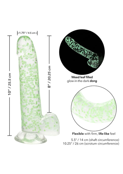 Dildo in schema met afmetingen en close-up van flexibele, doorschijnende steel