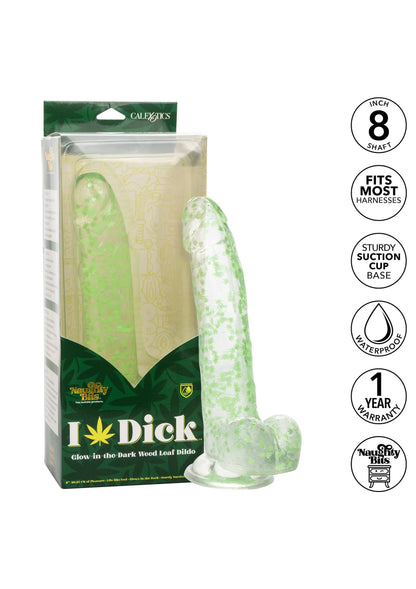 Verpakking met CalExotics glow-in-the-dark weed leaf dildo en gevormde zuigvoet