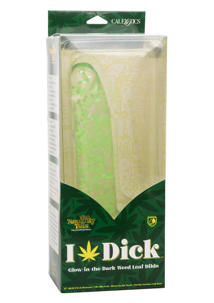 Productverpakking van CalExotics met glow-in-the-dark weed leaf dildo